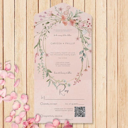 Delicate Pink Blush Rustic Wildflowers QR Code All In One Invitation