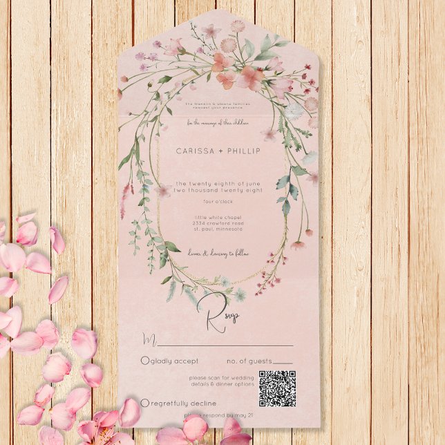 Delicate Pink Blush Rustic Wildflowers QR Code All In One Invitation (Also available without a QR code; with or without dinner selection options.)