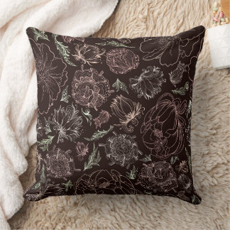 Delicate Pink Botanical Line Art Vintage Floral Throw Pillow