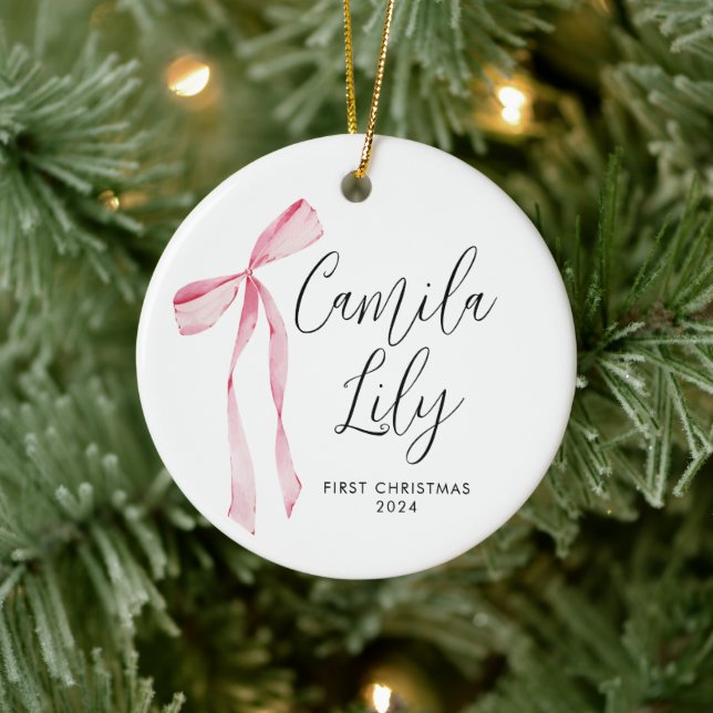 Delicate Pink Bow Baby Girl First Christmas  Ceramic Ornament (Tree)