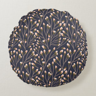 Delicate Pink Buds on Brown Branches Round Pillow