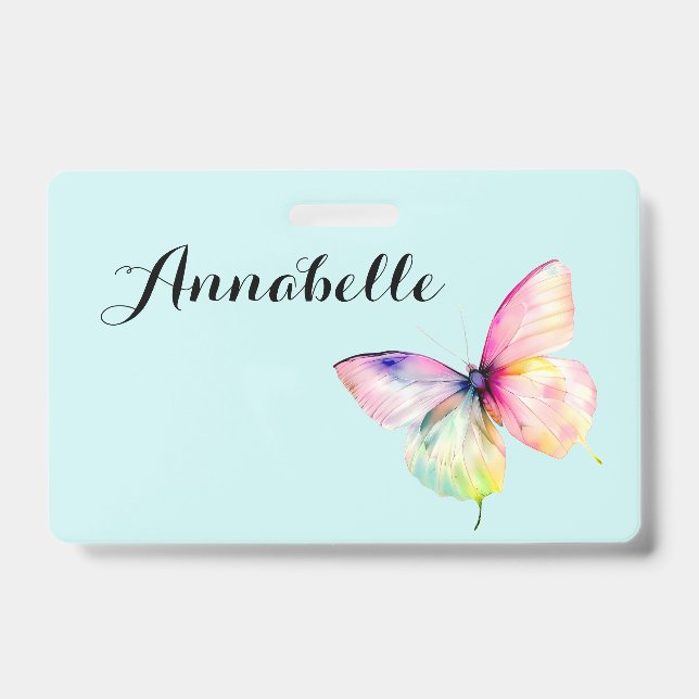 Delicate Pink Butterfly in Pastel Rainbow Colors Badge (Front)