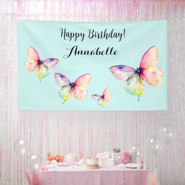 Delicate Pink Butterfly in Pastel Rainbow Colors Banner (Party)