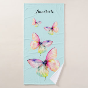 Delicate Pink Butterfly in Pastel Rainbow Colors Bath Towel Set