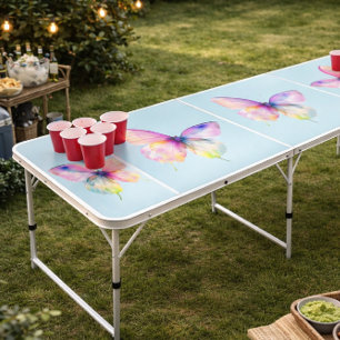 Delicate Pink Butterfly in Pastel Rainbow Colors Beer Pong Table