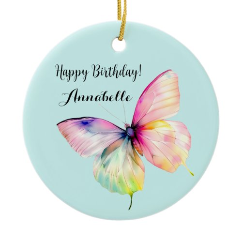 Delicate Pink Butterfly in Pastel Rainbow Colors Ceramic Ornament