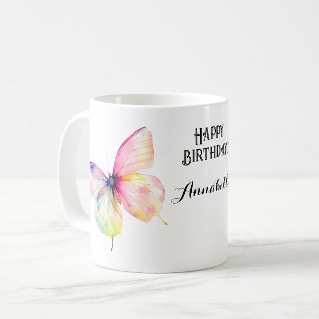 Delicate Pink Butterfly in Pastel Rainbow Colors Coffee Mug (Front Left)