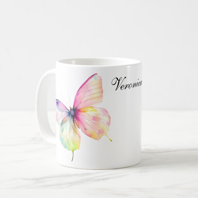 Delicate Pink Butterfly in Pastel Rainbow Colors Coffee Mug (Front Left)
