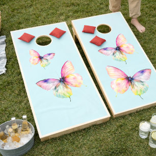 Delicate Pink Butterfly in Pastel Rainbow Colors Cornhole Set