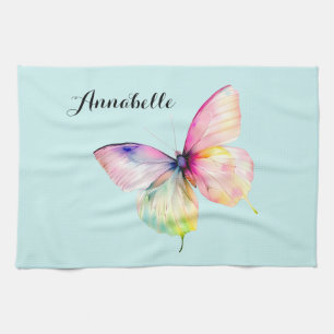 Delicate Pink Butterfly in Pastel Rainbow Colors Kitchen Towel