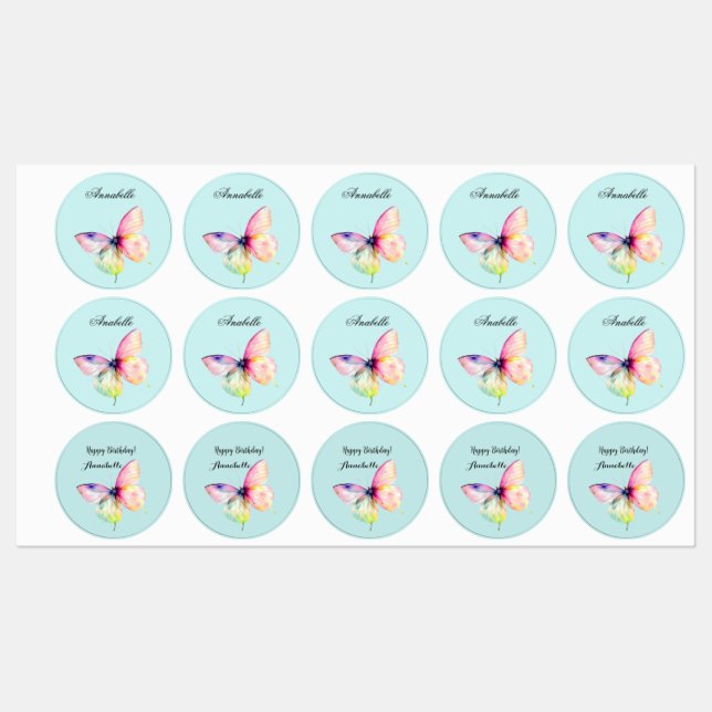 Delicate Pink Butterfly in Pastel Rainbow Colors Labels (Sheet)