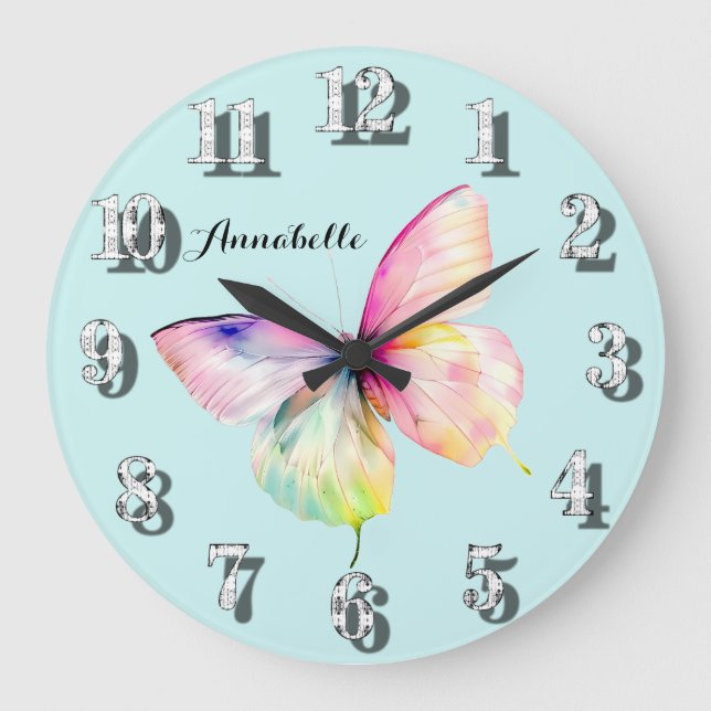 Delicate Pink Butterfly in Pastel Rainbow Colors Large Clock (Front)