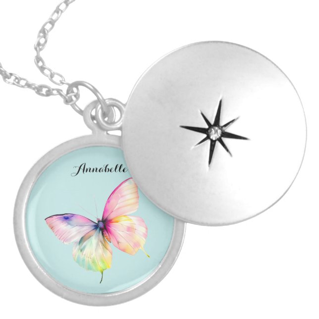 Delicate Pink Butterfly in Pastel Rainbow Colors Locket Necklace (Front)