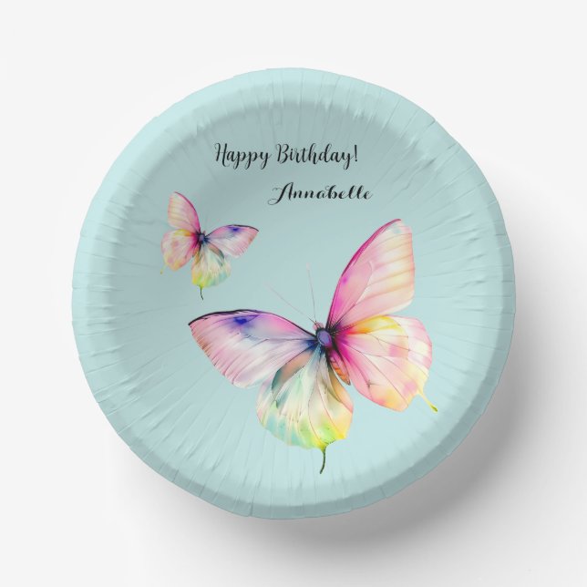 Delicate Pink Butterfly in Pastel Rainbow Colors Paper Bowls (Front)