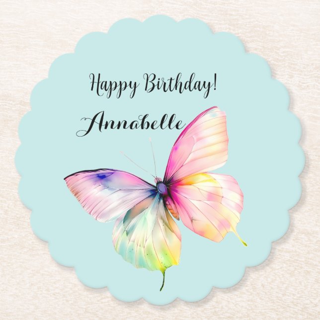 Delicate Pink Butterfly in Pastel Rainbow Colors Paper Coaster (Front)