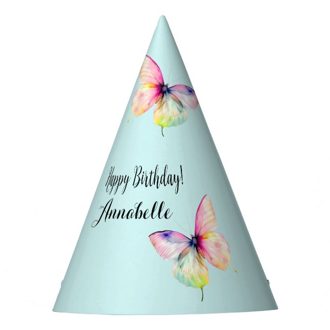 Delicate Pink Butterfly in Pastel Rainbow Colors Party Hat (Front)