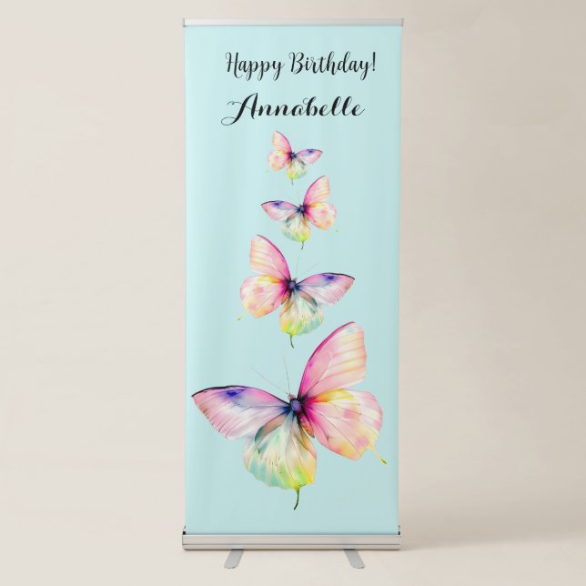 Delicate Pink Butterfly in Pastel Rainbow Colors Retractable Banner (Front)