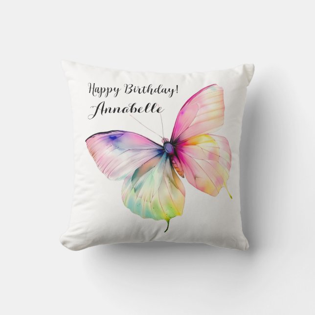 Delicate Pink Butterfly in Pastel Rainbow Colors Throw Pillow (Front)