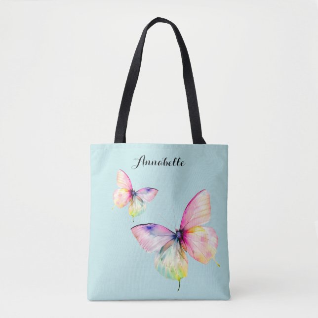 Delicate Pink Butterfly in Pastel Rainbow Colors Tote Bag (Front)