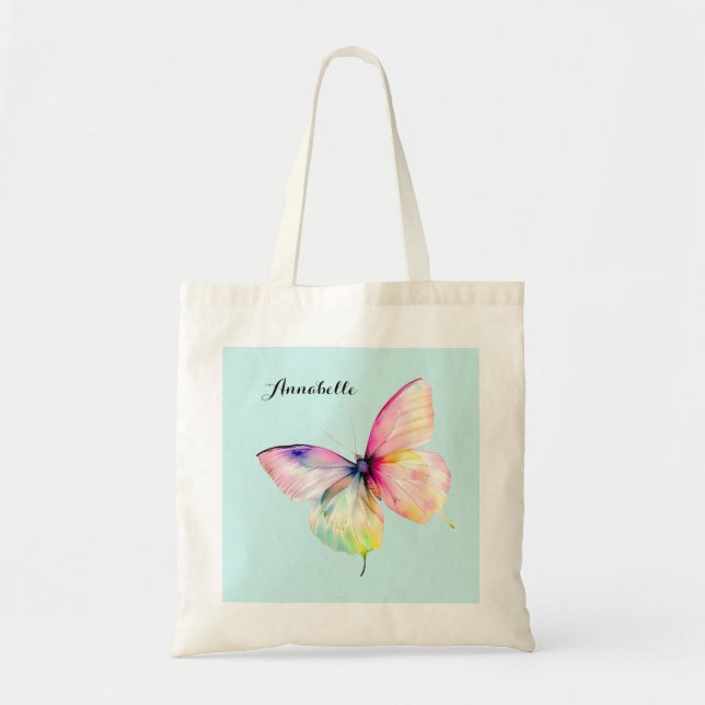 Delicate Pink Butterfly in Pastel Rainbow Colors Tote Bag (Front)