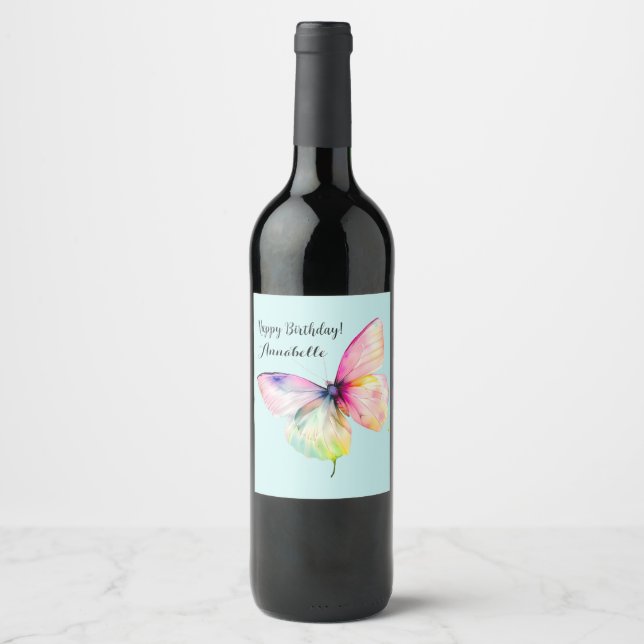 Delicate Pink Butterfly in Pastel Rainbow Colors Wine Label (Front)