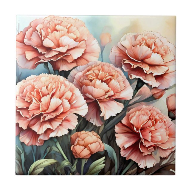 Delicate Pink Carnations Ceramic Tile (Front)