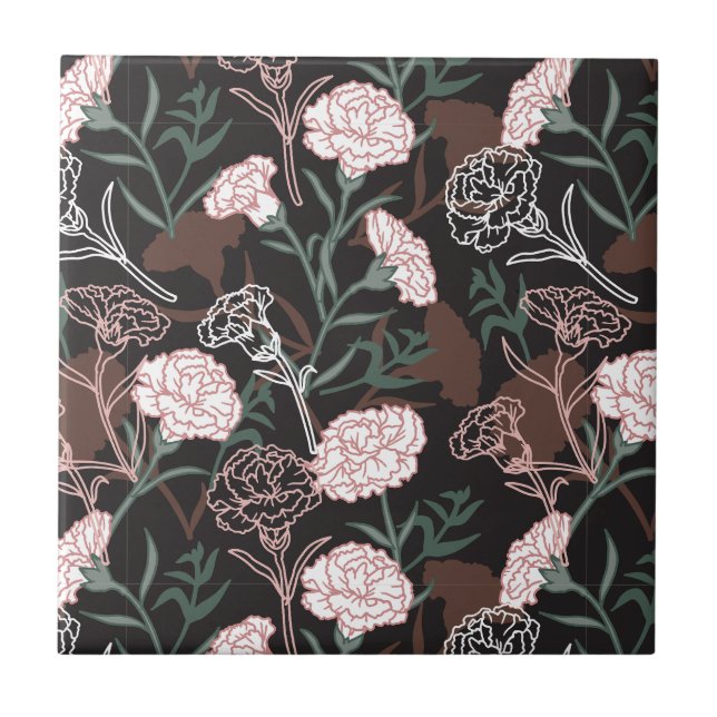  Delicate Pink Carnations with Green Leaves Floral Ceramic Tile (Front)