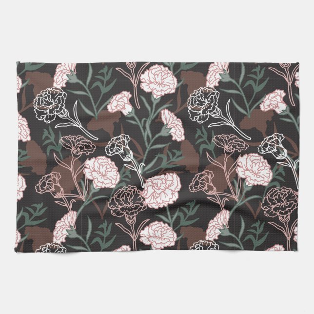  Delicate Pink Carnations with Green Leaves Floral Kitchen Towel (Horizontal)