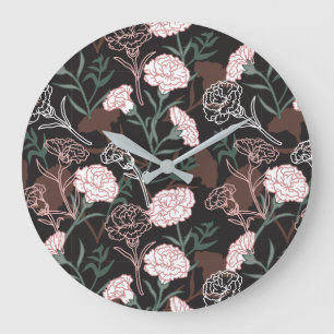 Delicate Pink Carnations with Green Leaves Floral Large Clock