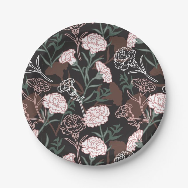  Delicate Pink Carnations with Green Leaves Floral Paper Plates (Front)