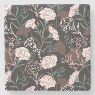 Delicate Pink Carnations with Green Leaves Floral Stone Coaster