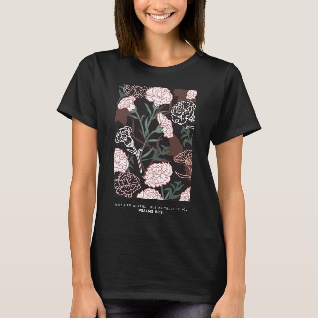  Delicate Pink Carnations with Green Leaves Floral T-Shirt (Front)
