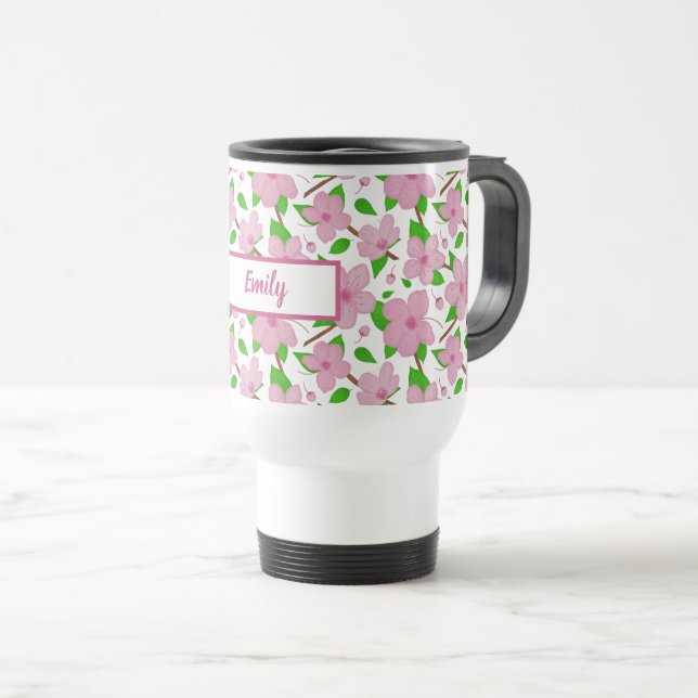 Delicate pink cherry blossom personalize travel mug (Front Right)