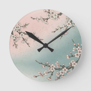 Delicate Pink Cherry Blossom Sakura Branches  Round Clock