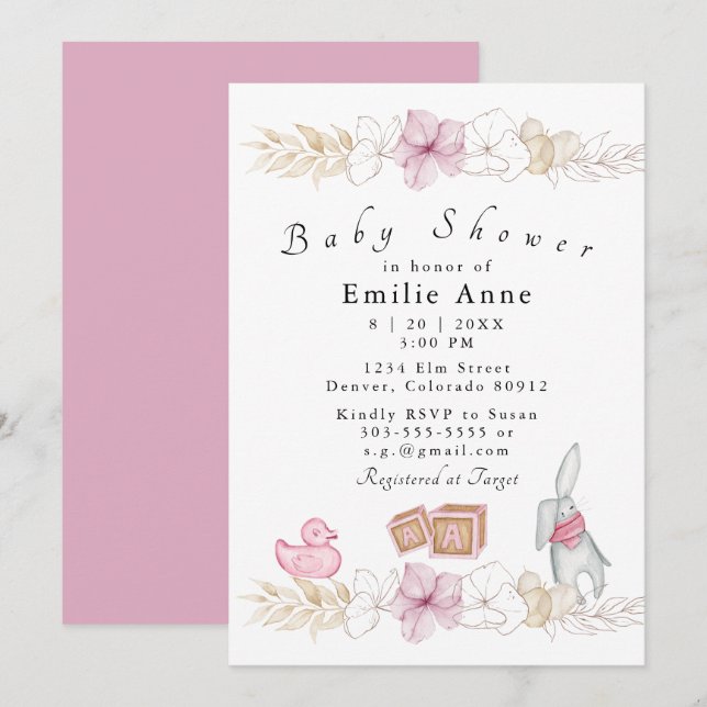 Delicate Pink Floral Baby Shower Invitation (Front/Back)