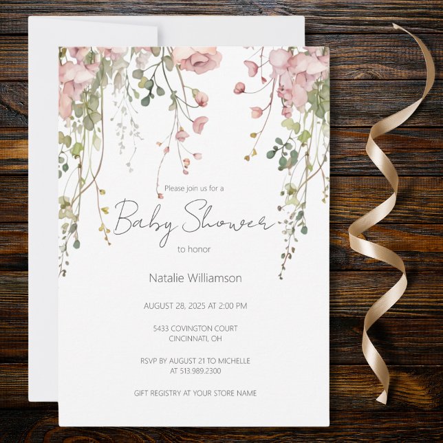 Delicate Pink Floral Baby Shower  Invitation (Also available with QR code. )