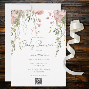 Delicate Pink Floral Baby Shower QR Code  Invitation