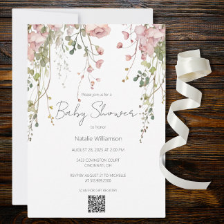 Delicate Pink Floral Baby Shower QR Code Invitation