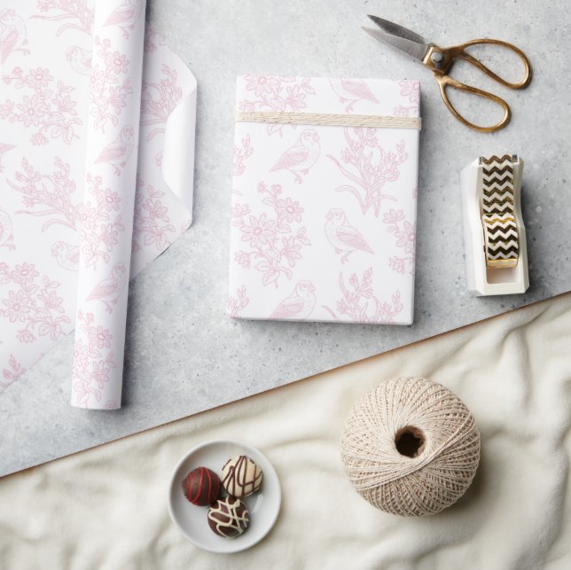 Delicate Pink Floral Bird Lineart Bridal Shower Wrapping Paper (Crafts)