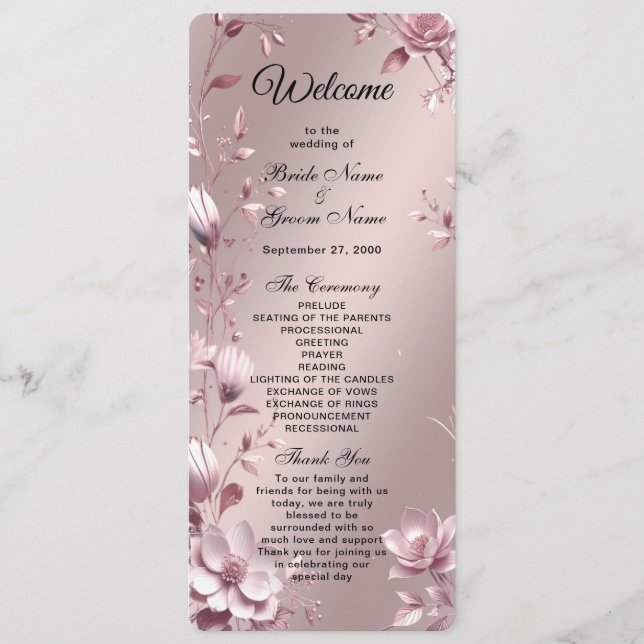 Delicate Pink Floral Frame Wedding  Program (Front)