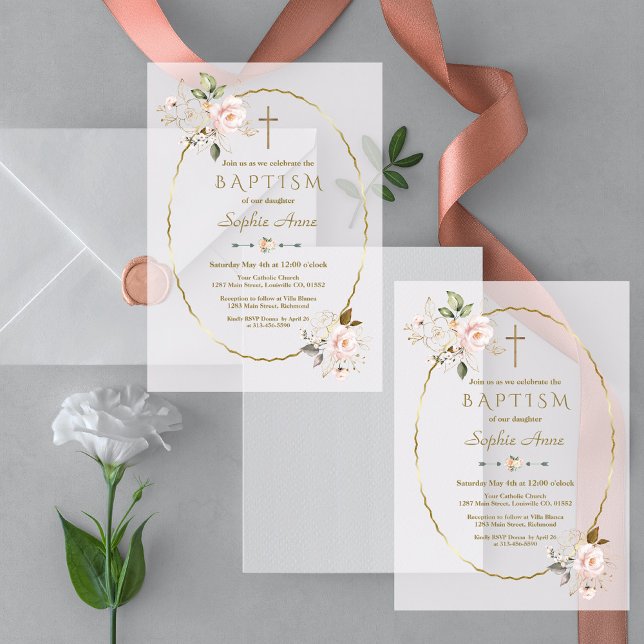 Delicate Pink Floral Gold Frame Baptism Vellum Invitations (Creator Uploaded)