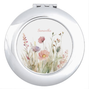 Delicate Pink Floral Name Compact Mirror
