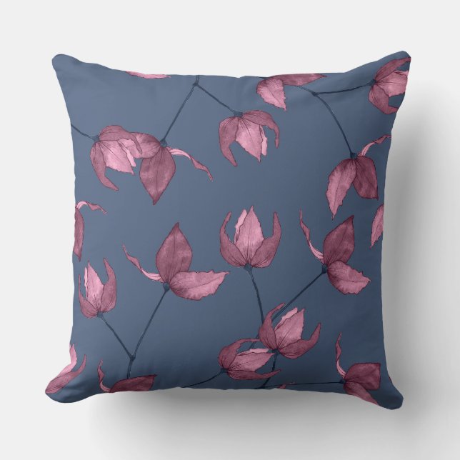 Delicate pink florals on magenta blue background throw pillow (Front)