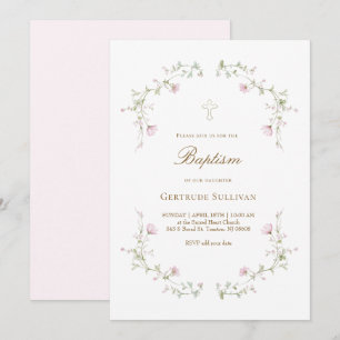 delicate pink flowers Baptism Invitation