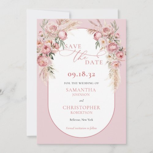 Delicate pink flowers boho arch pampas eucalyptus save the date