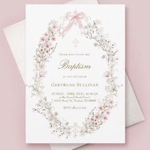 delicate pink flowers frame Baptism Invitation
