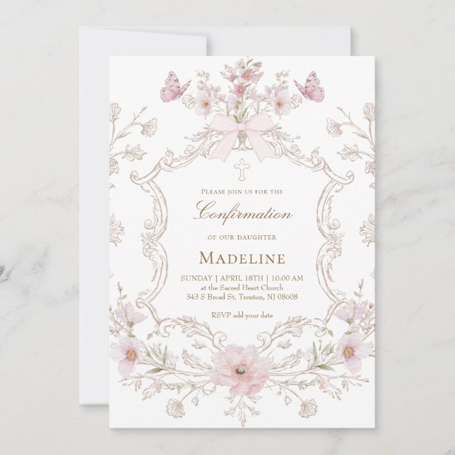 delicate pink flowers frame Confirmation girl Invitation (Front)