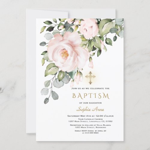 Delicate Pink Flowers Gold Cross Girl Baptism Invitation