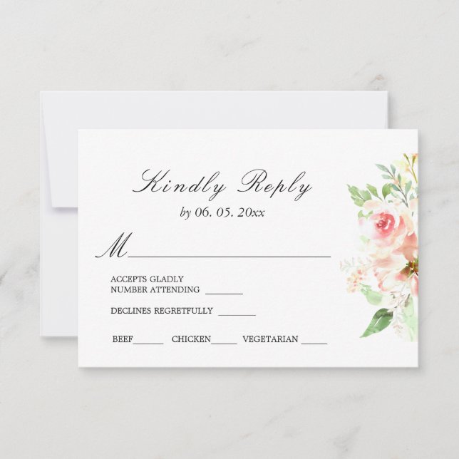 Delicate Pink Flowers Greenery Floral Wedding RSVP Card (Front)