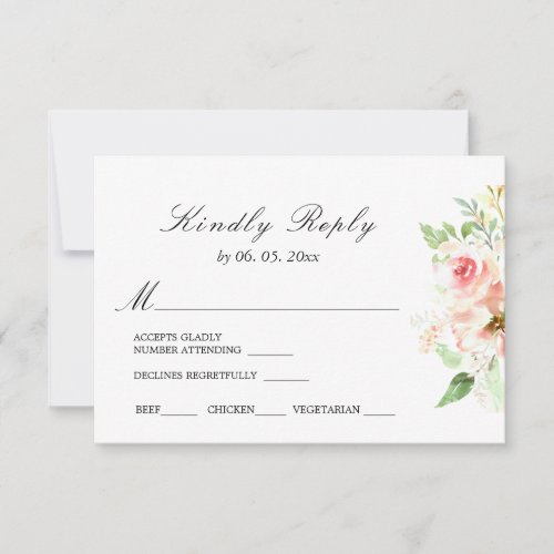 Delicate Pink Flowers Greenery Floral Wedding RSVP Card